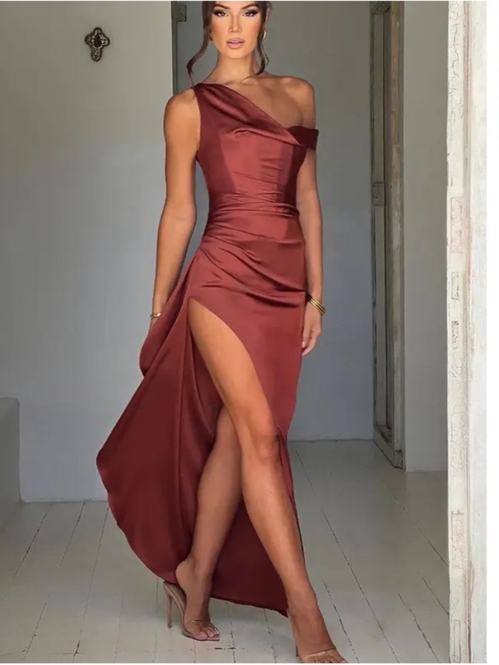 One-Shoulder Burgundy Satin Maxi Dress with High Slit